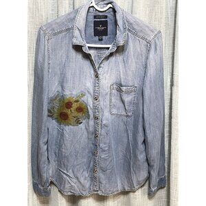 American Eagle Boyfriend Fit Button Up Super Soft Denim Altered Shirt Size Lg